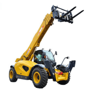 Yellow and black telehandler with arm raised