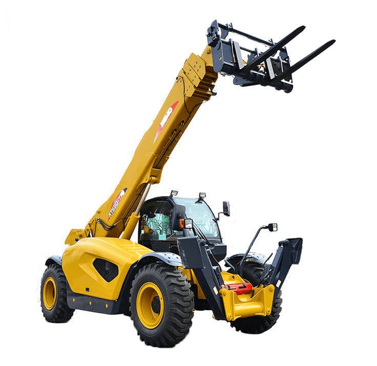 Yellow and black telehandler with arm raised