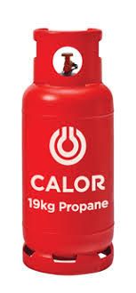 Red 19kg gas bottle with white writing and logo