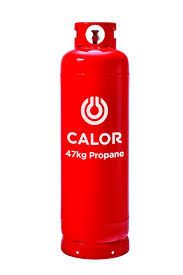 Red 47kg gas bottle with white writing and logo