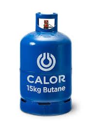 Blue 15kg gas bottle with white writing and logo
